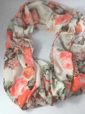 Infinity Scarf 64" x 38" Floral Orange Green White Soft Polyester